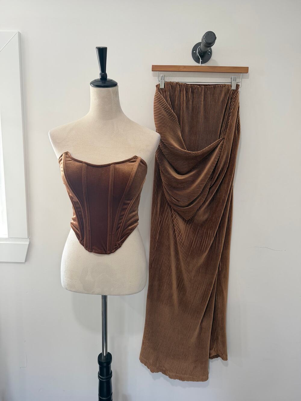 JLUXLABEL Matching Set Velvet Brown Corset Maxi Skirt Size S